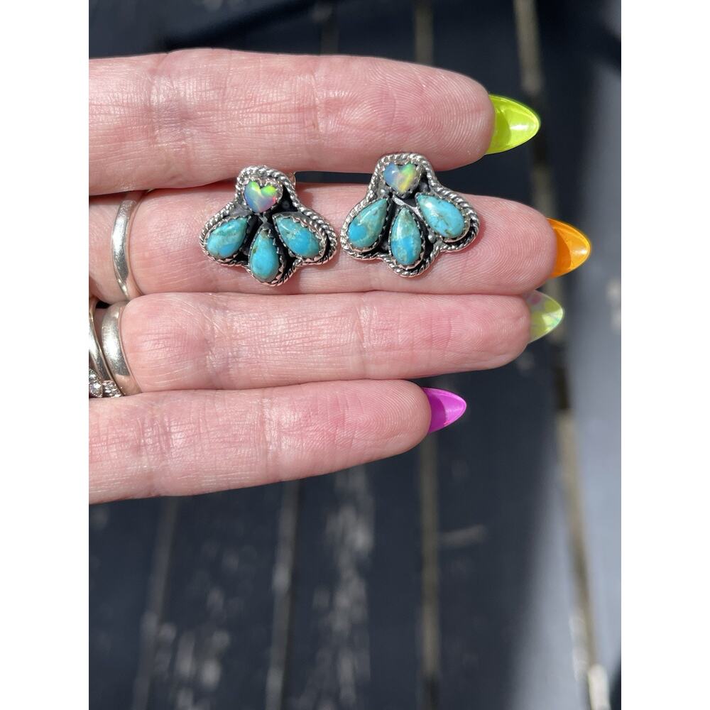 Turquoise Cluster Opal Sterling Silver Stud Earrings Southwest Western Boho - Picture 7 of 7